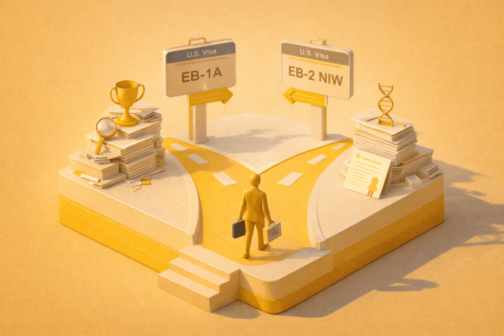 EB-1A x EB-2 NIW: como decidir a rota certa com as provas que você tem hoje 1 Cruzamento de caminhos para vistos.